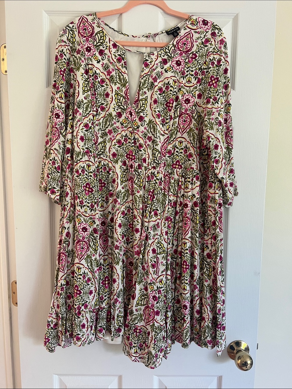 torrid Cream Floral Mini Dress with Pink and Green Print